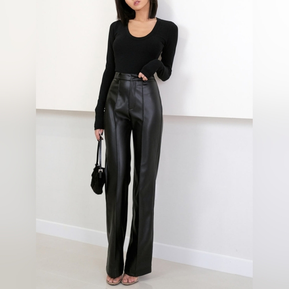 Commense Black Faux Leather Wide Leg Pants NWT – Size L, 14" Rise, 29.5" Inseam - Picture 1 of 6